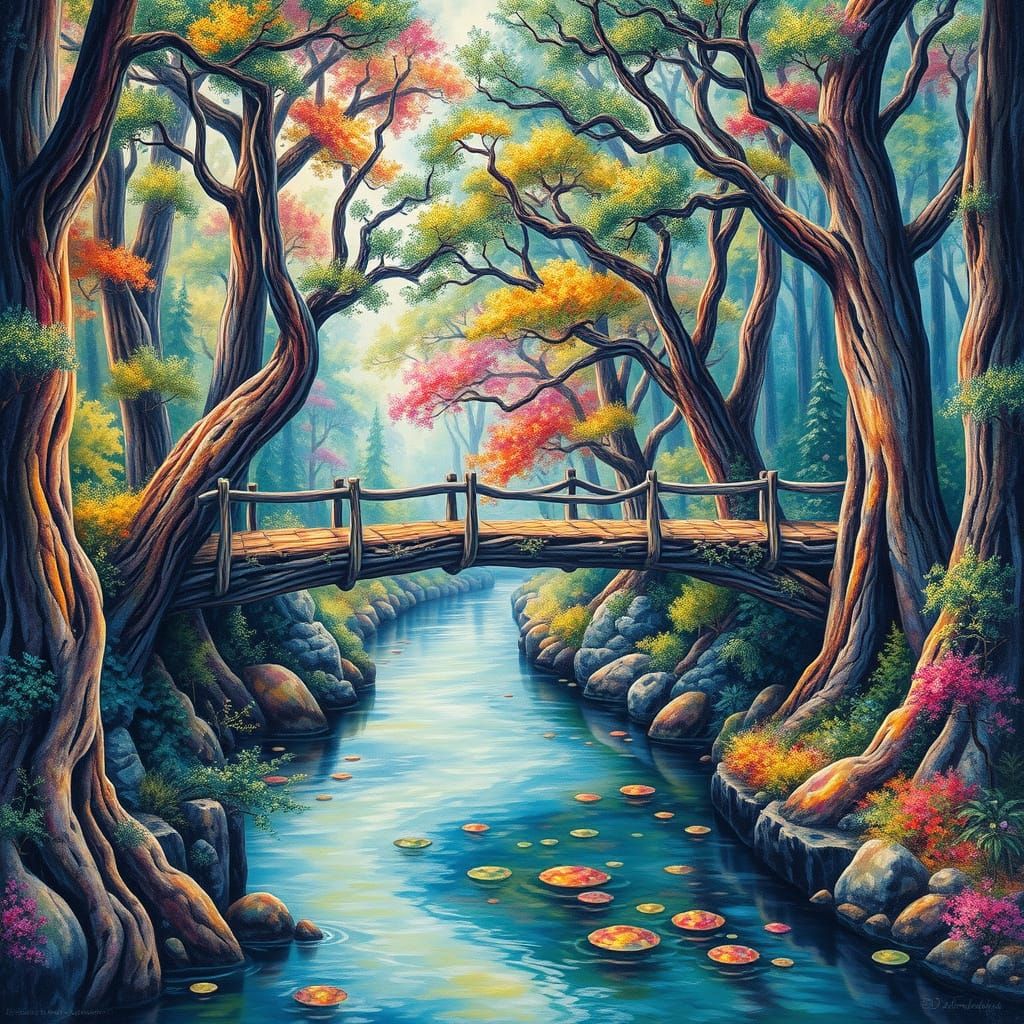 Whimsical Bridge to Enchanted Forest in Vibrant Colors