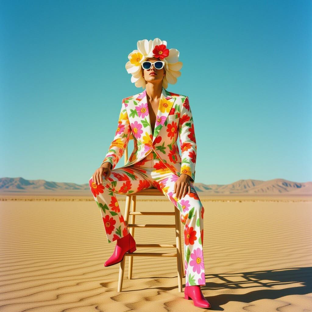 Desert Figure in Flower Suit, Surreal Photography