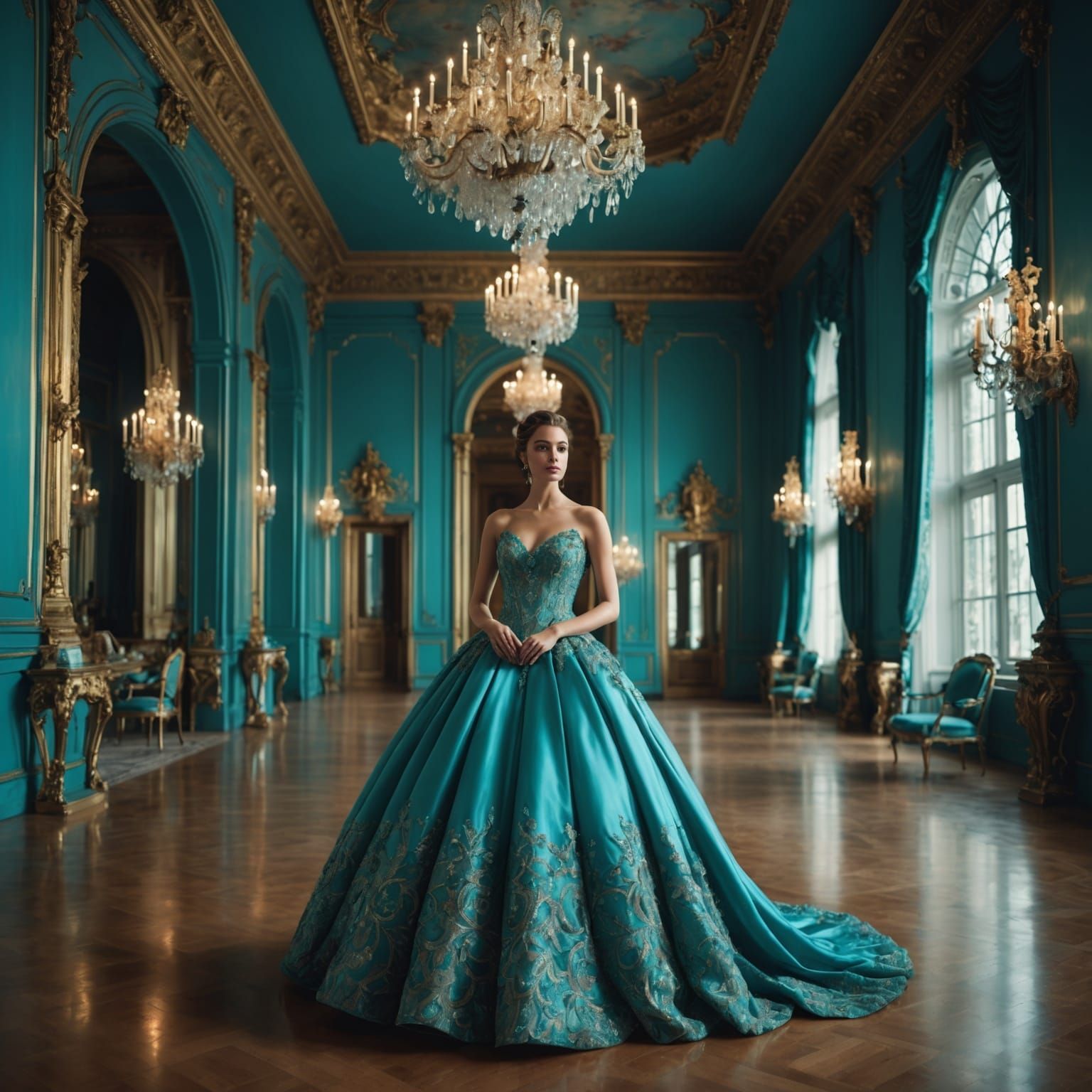 Woman in Turquoise Gown in Grand Ballroom