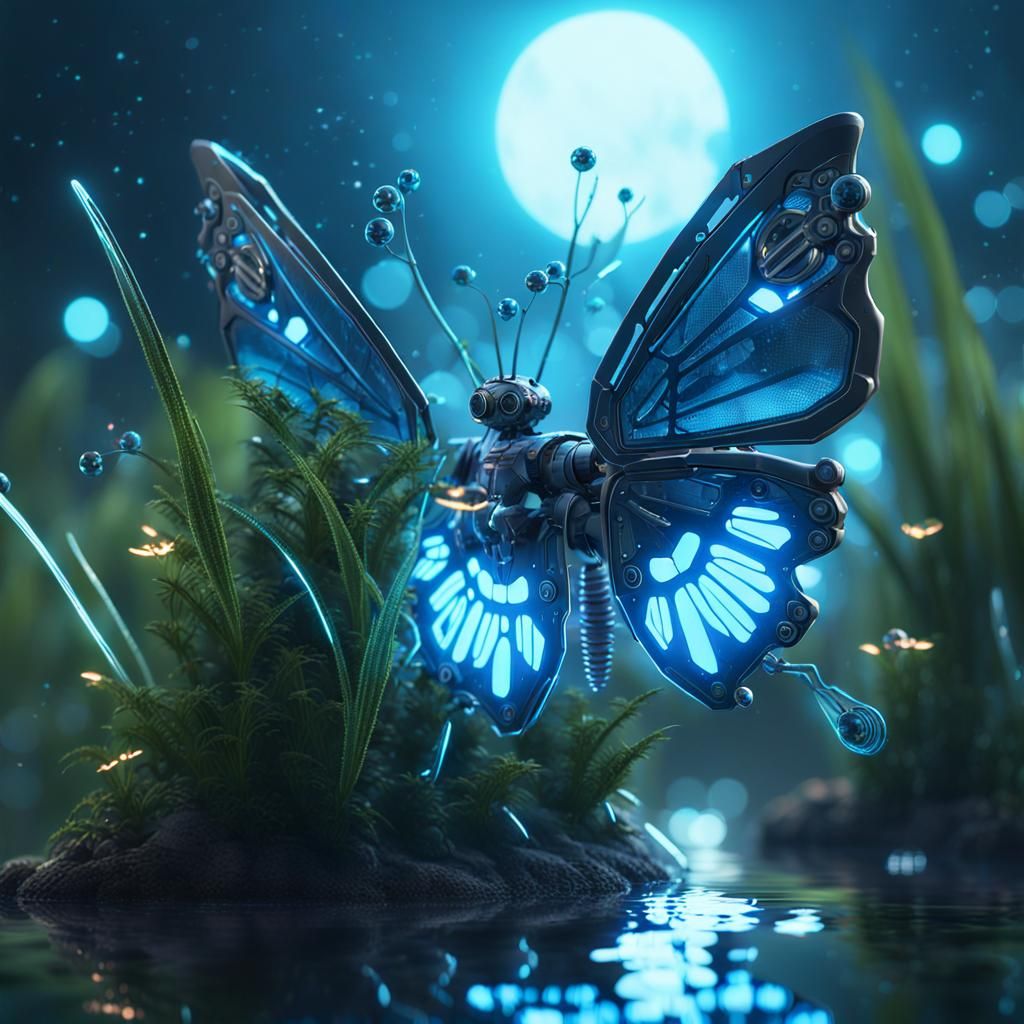 Bioluminescent Butterfly with Mechanical Details in Sci-Fi S...