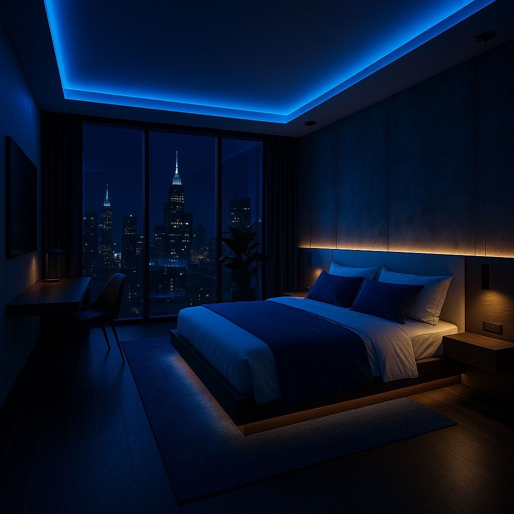 Luxurious Modern Bedroom with Blue LED Lighting