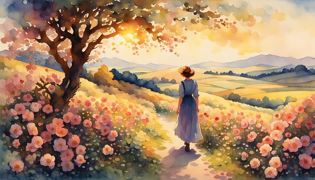 Watercolor Woman in Rose Field, Impressionist Style