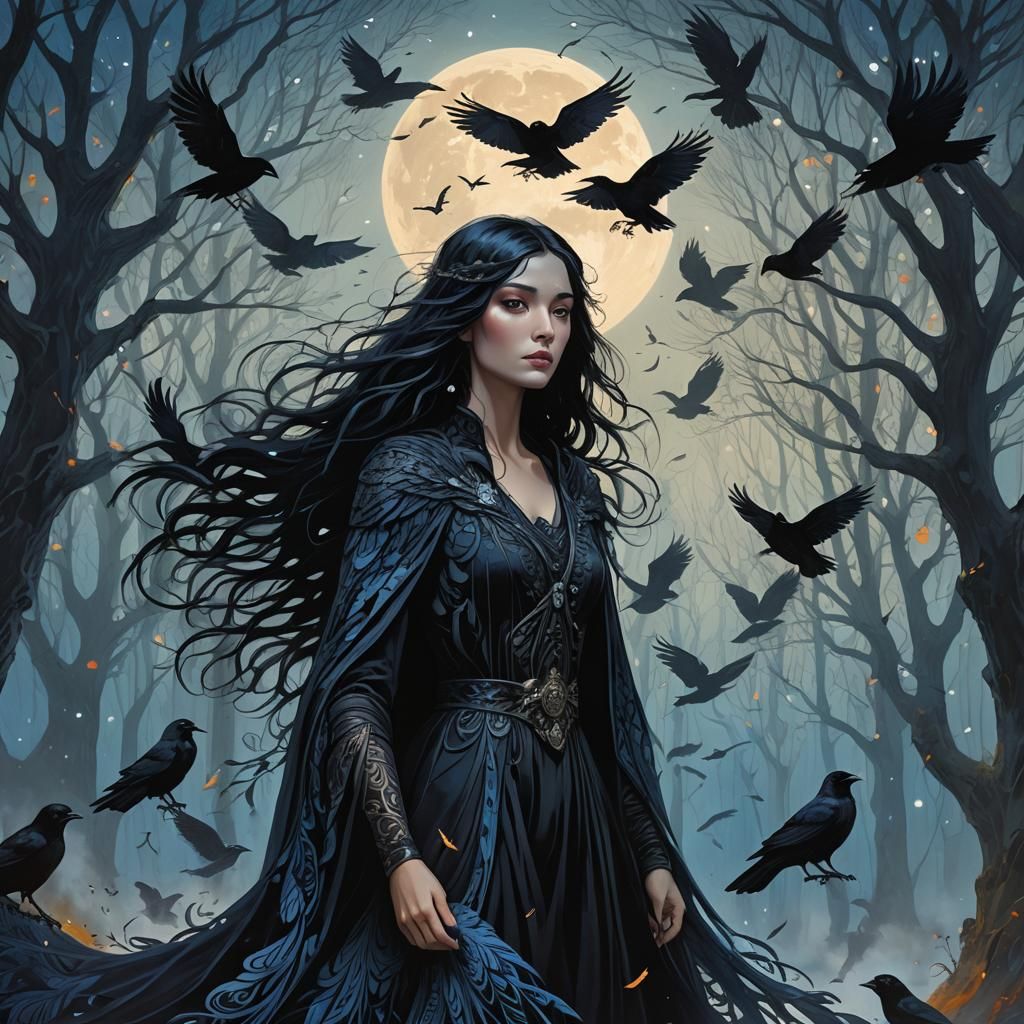 Mystical Raven-Haired Goddess in Moonlit Forest