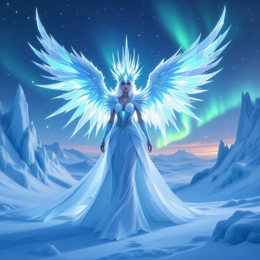 Ice Queen with Crystalline Wings in Frozen Palace