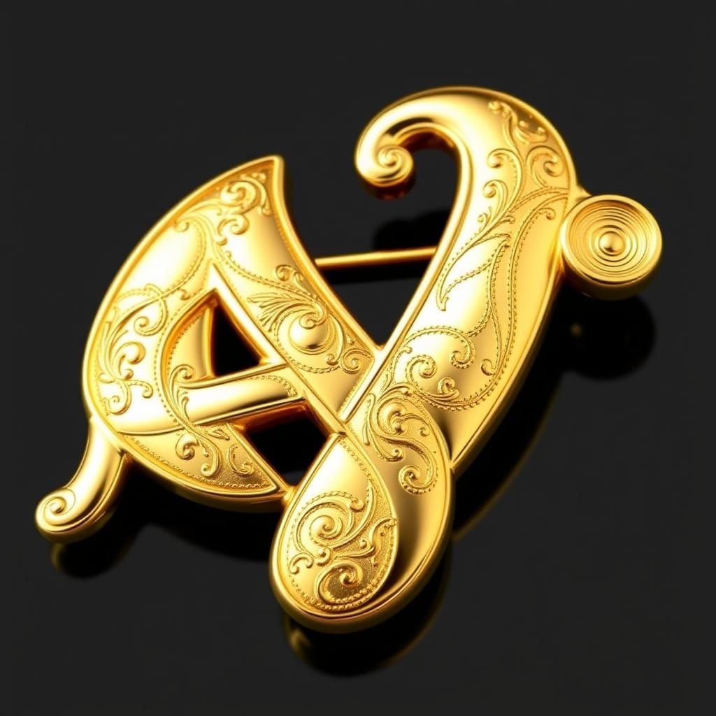 Gold Brooch Pin with Intertwined Letters in Art Nouveau Styl...