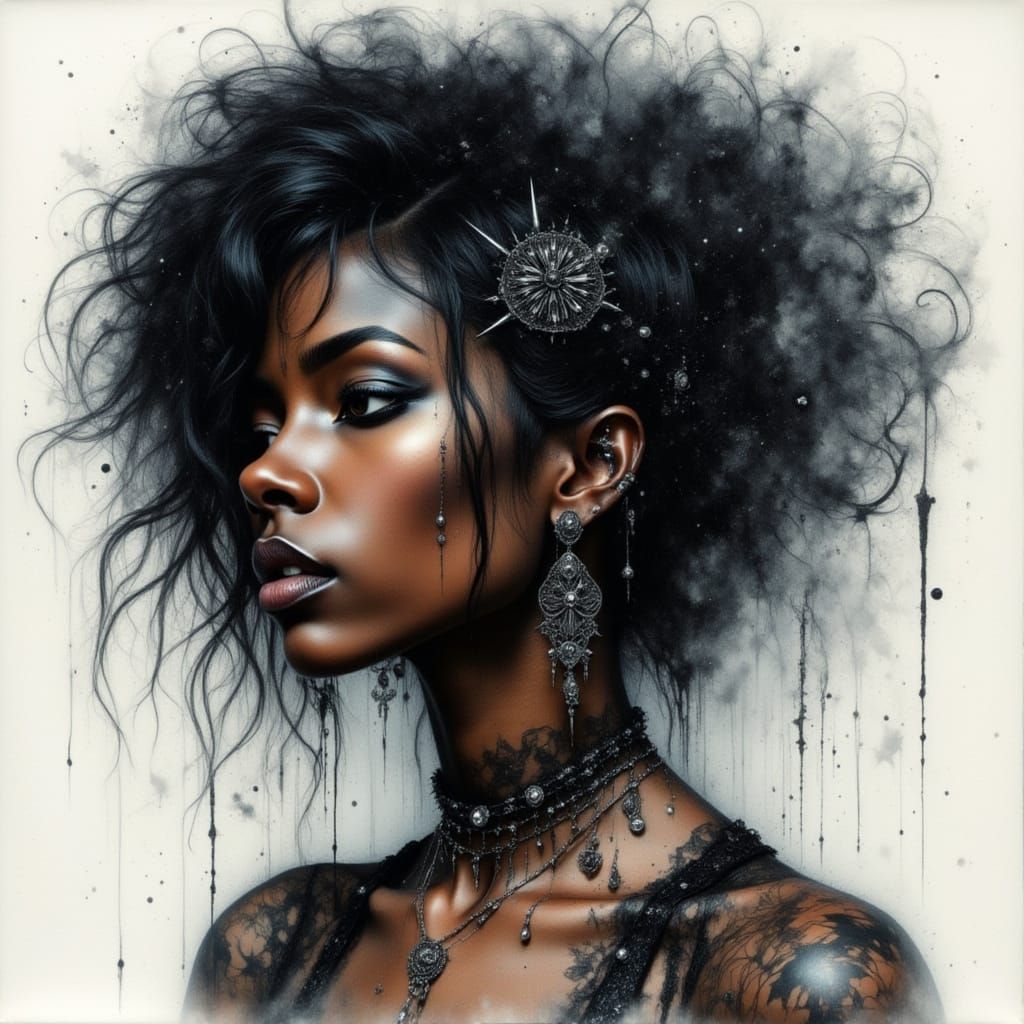 Gothic Watercolor: Black Woman with Lace and Metal