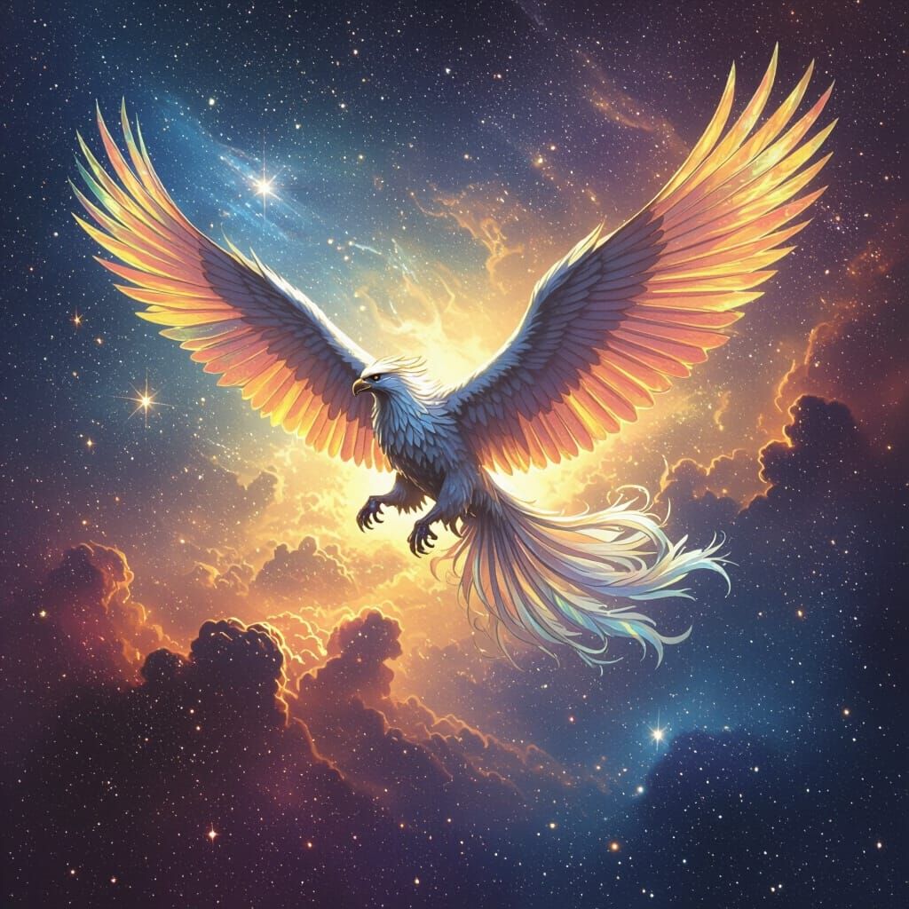 Iridescent Griffin Soaring Through Nebula Sky