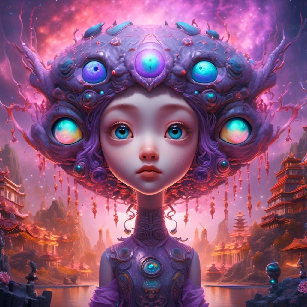 Cute Alien with Pink and Purple Eyes in Surreal Style