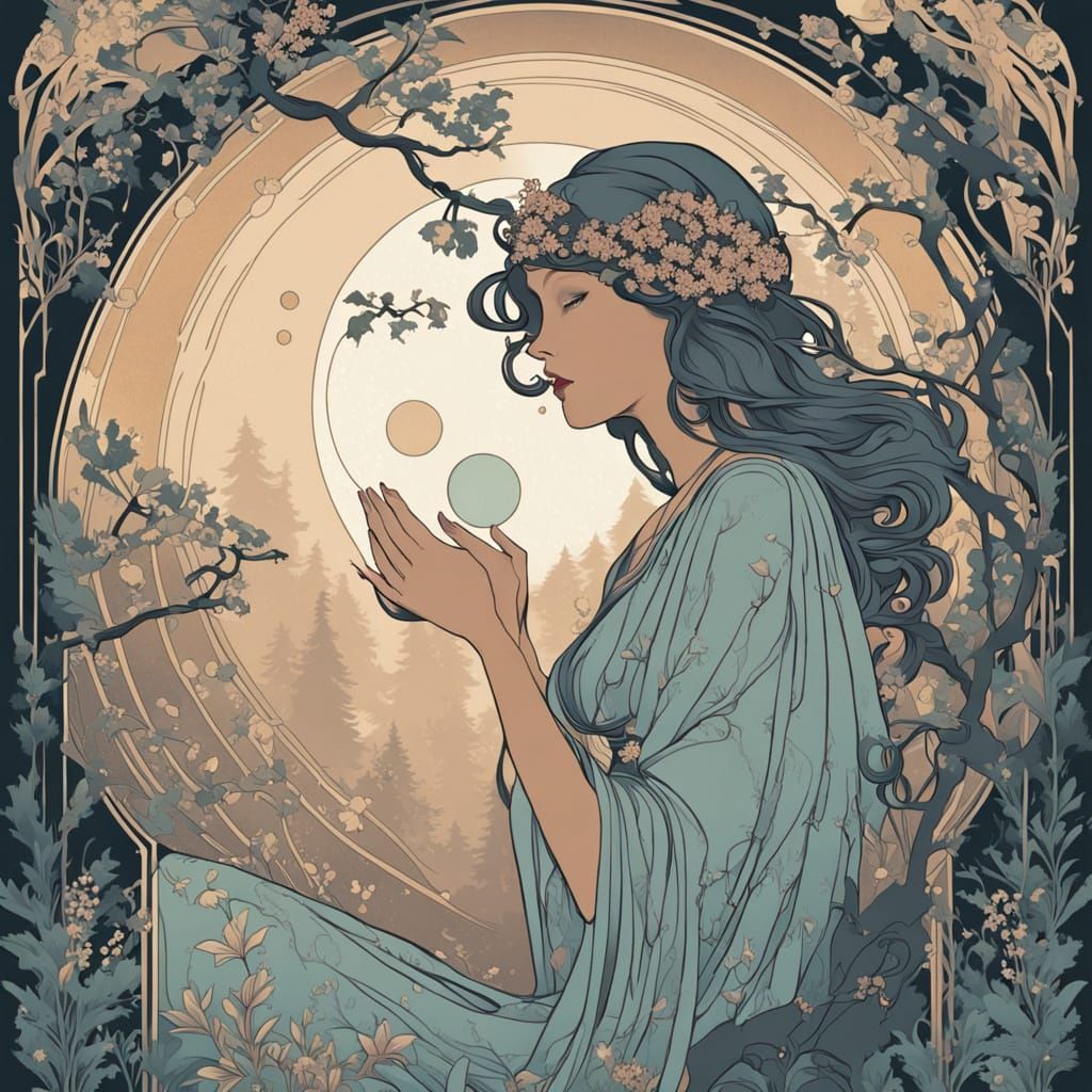 Art Deco Moonlit Forest in Alphonse Mucha Style