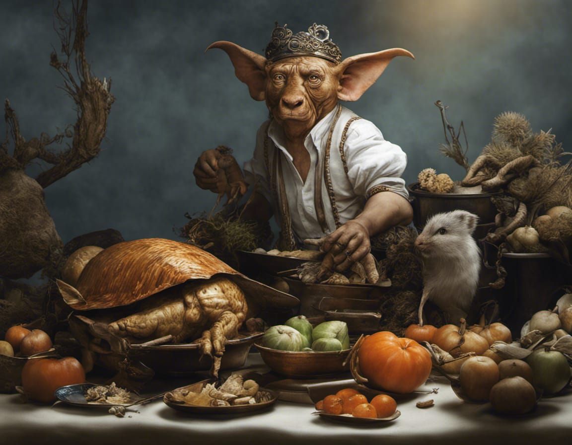 Surreal Restaurant with Bizarre Creatures, Detailed Painting