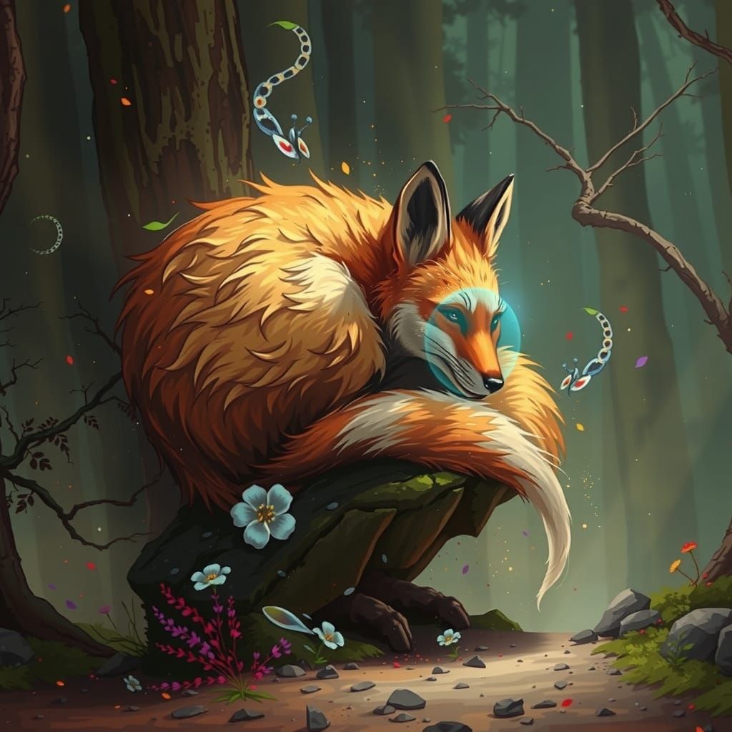 Surreal Orange-Red Fox in Serene Forest Clearing with Vibran...