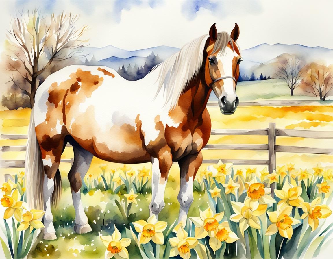Watercolor Horse in Daffodil Field