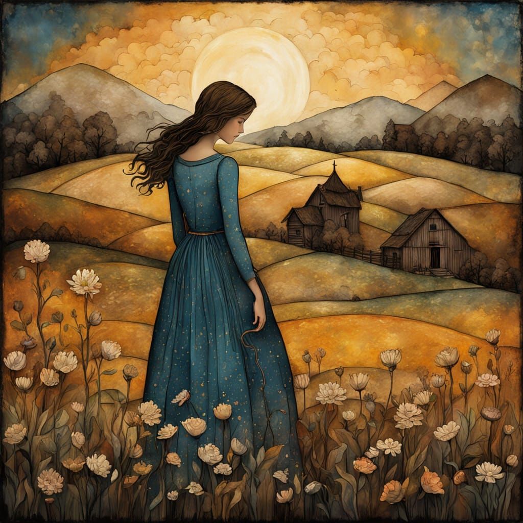 Golden Prairie Girl in Art Nouveau Style