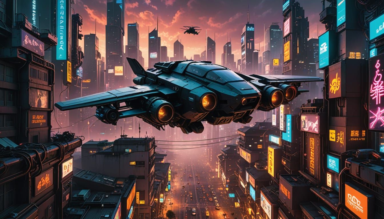 Cyberpunk Cityscape from a Flying Perspective