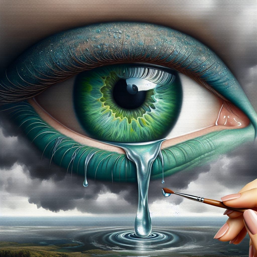 Hyper-Realistic Eye Cries into Stormy Lake