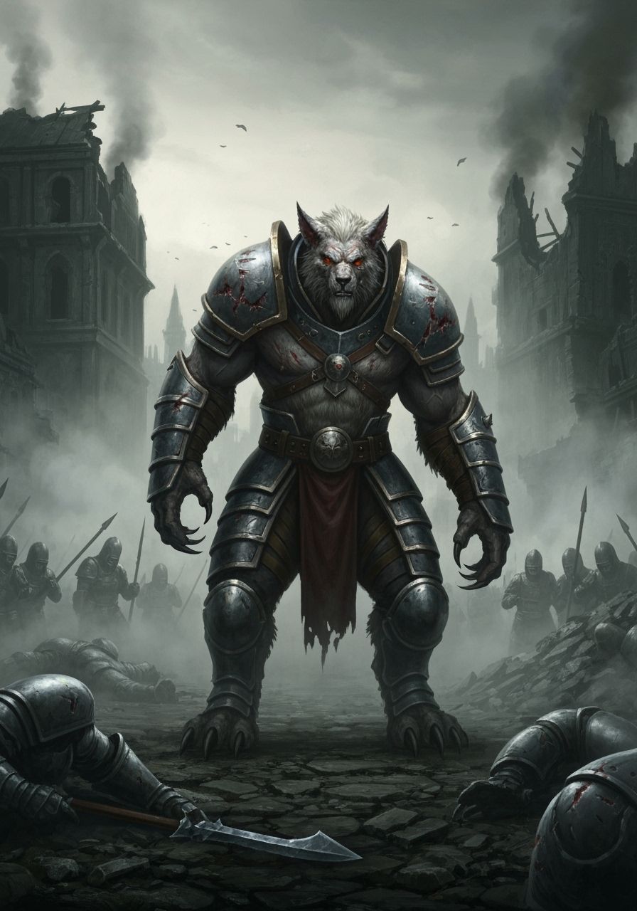 Worgen Warrior in War-Torn Battlefield