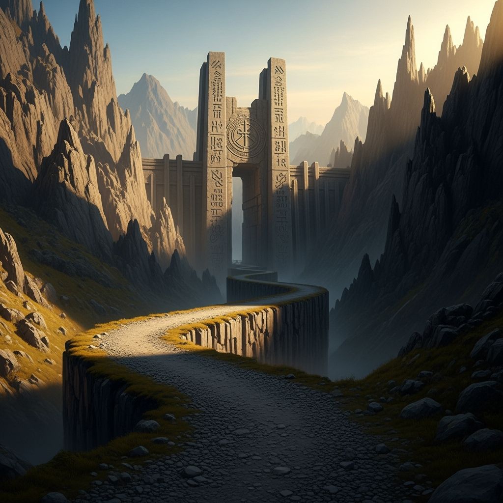 Ancient Gate at End of Gravel Path, Rocky Cliffs, Dramatic S...