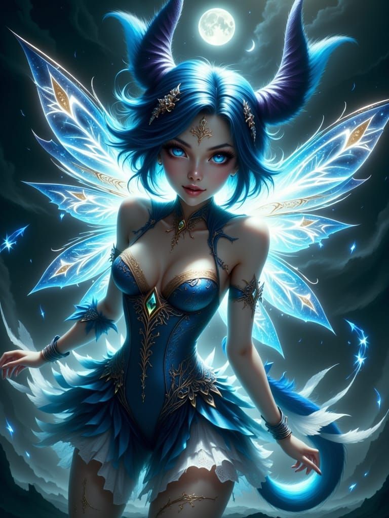 Anime, Portrait, Cheerful Kitsune winged fairy. Sapphire blu...