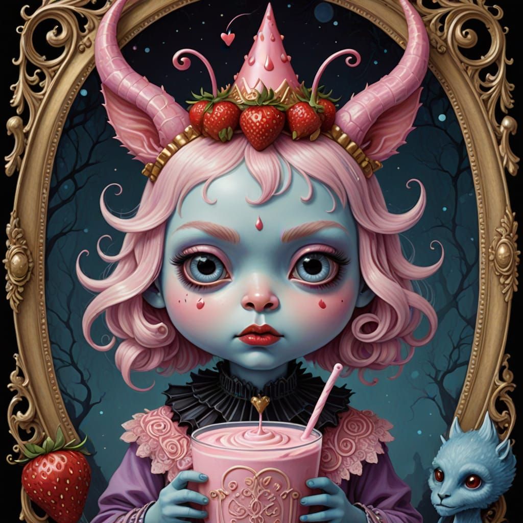 Whimsical Strawberry Milkshake Monster in Dark Fantasy Style
