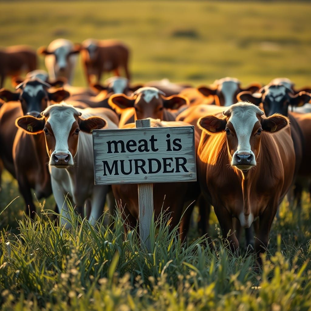 Cows Protest Meat in Lush Meadow, Photo Style