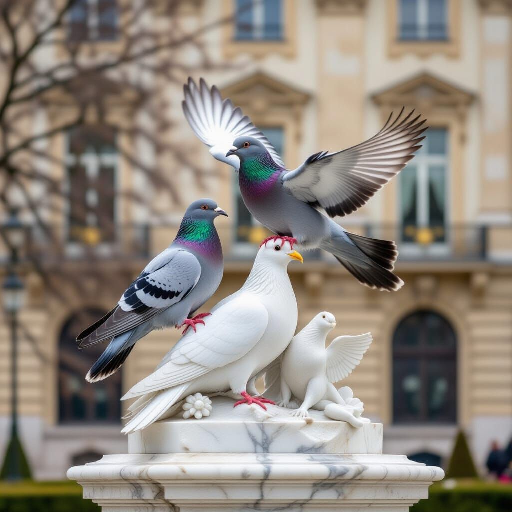 Pigeon Lands on Giant Marble Pigeon Statue