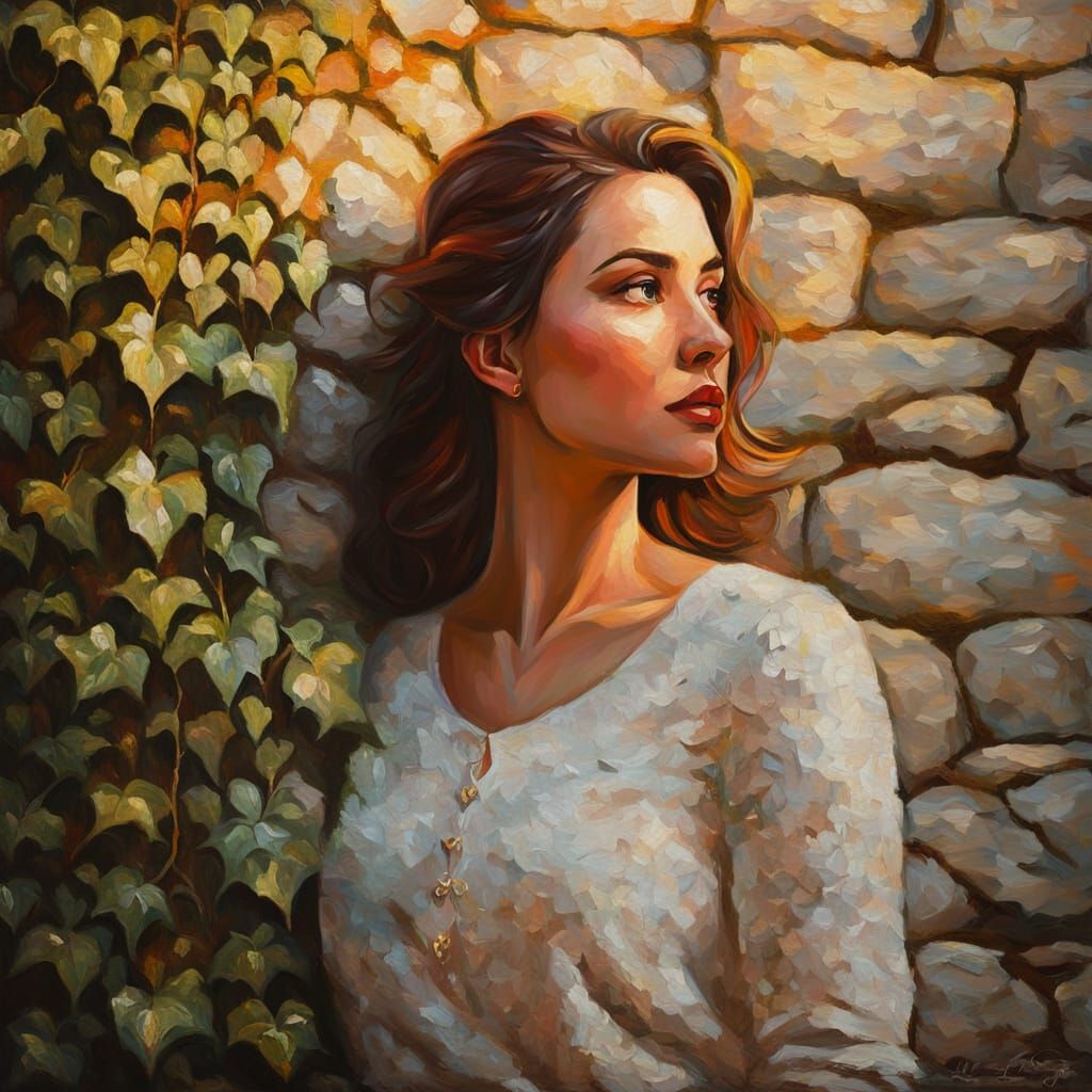 Young Woman by Stone Wall in Romantic Realism Style