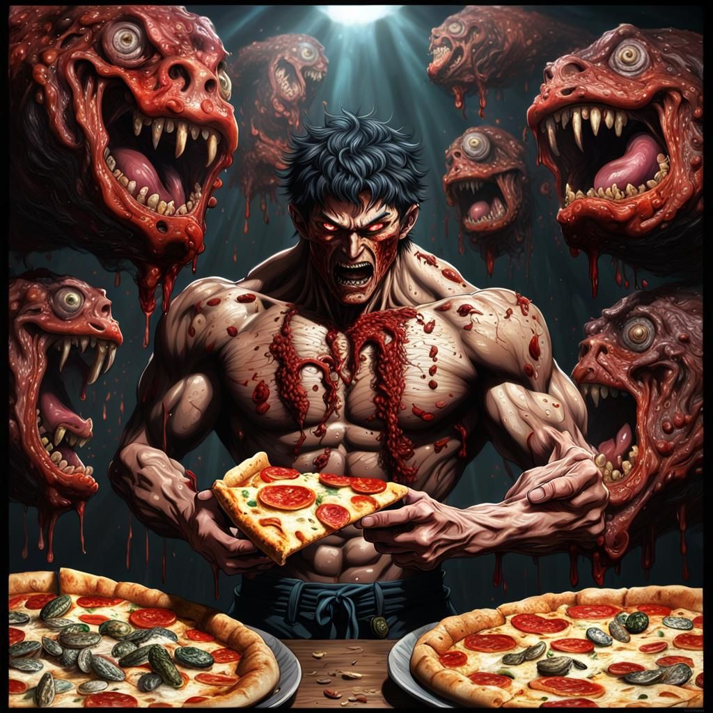 Berserk Anime: Hypermuscular Guts with Steaming Pizza