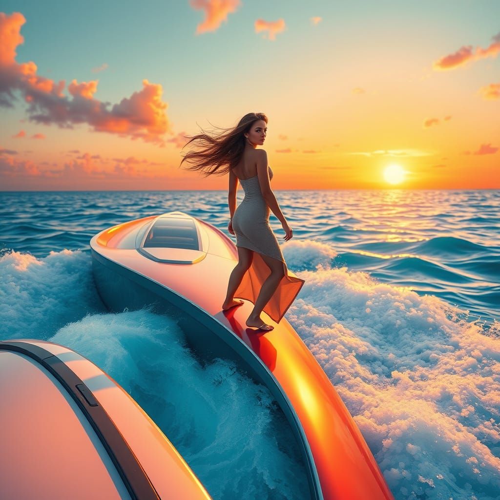 Futuristic Yacht at Sunset: A Surreal Art Deco Scene