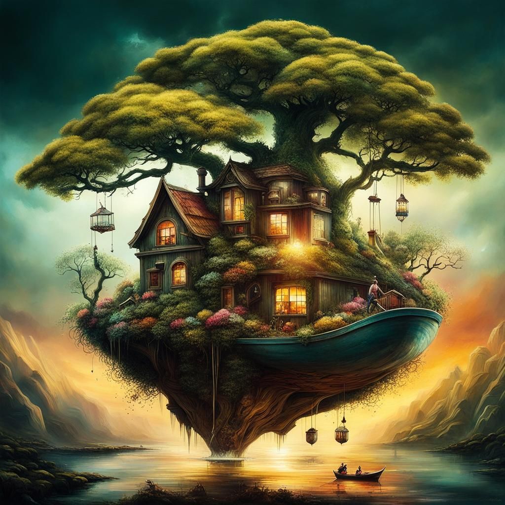 Steampunk Bonsai Village in Surreal Double Exposure