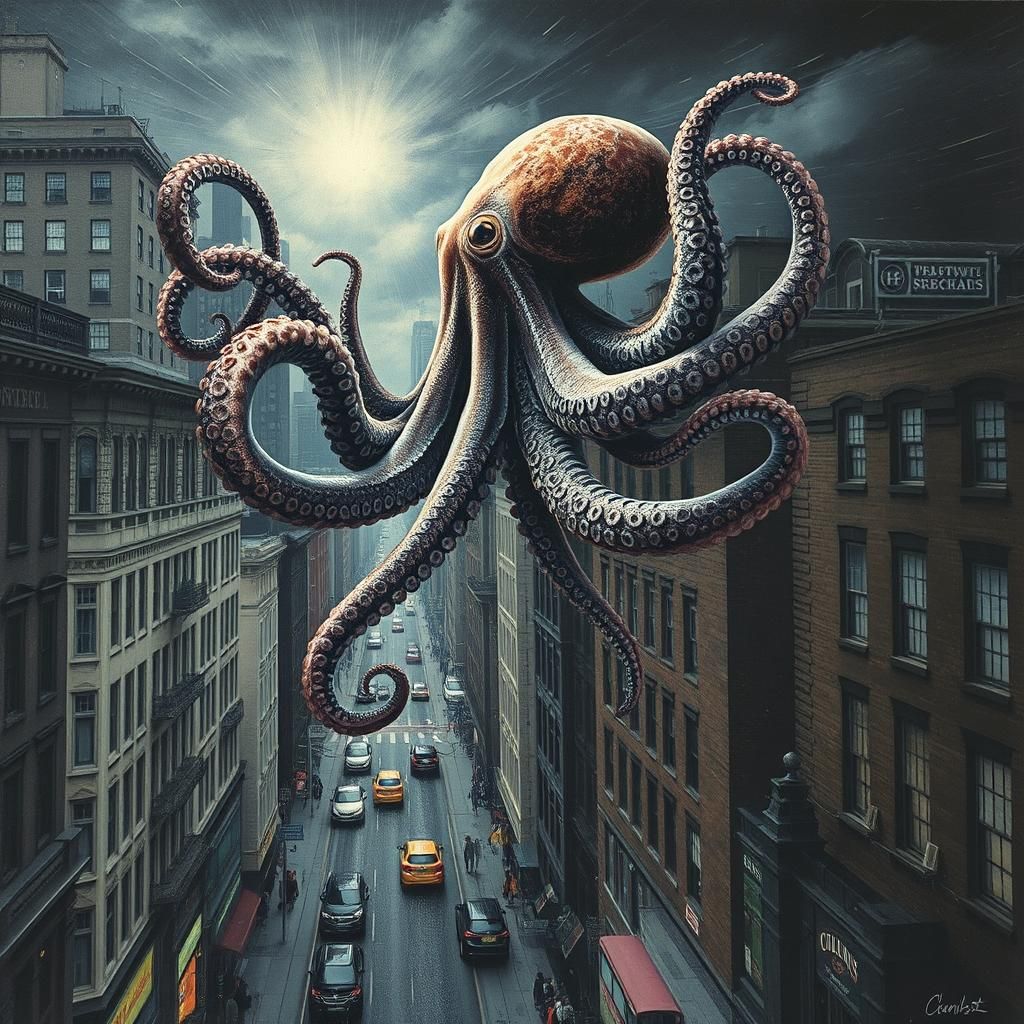 Octopus Flies Over City Street in Surreal Dreamscape