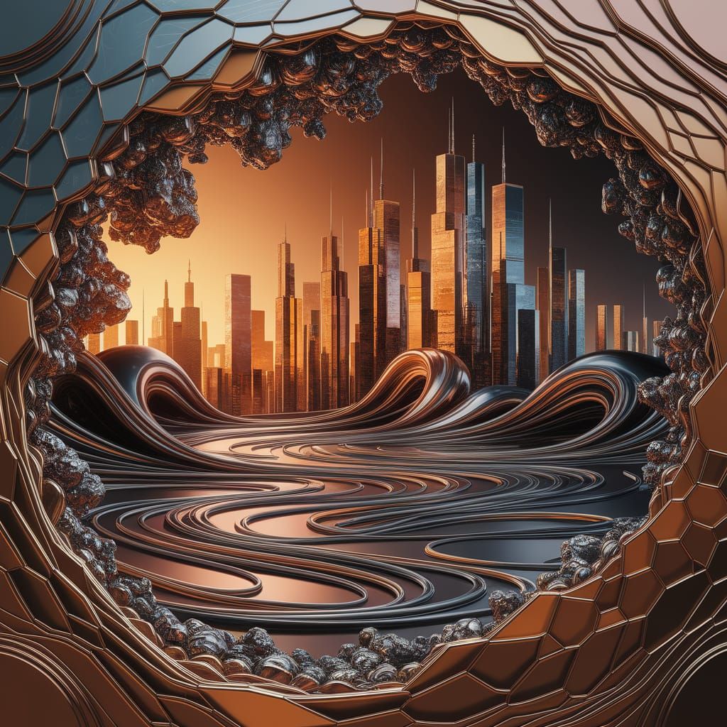 Surreal Futuristic Cityscape in Impasto Encaustic Style