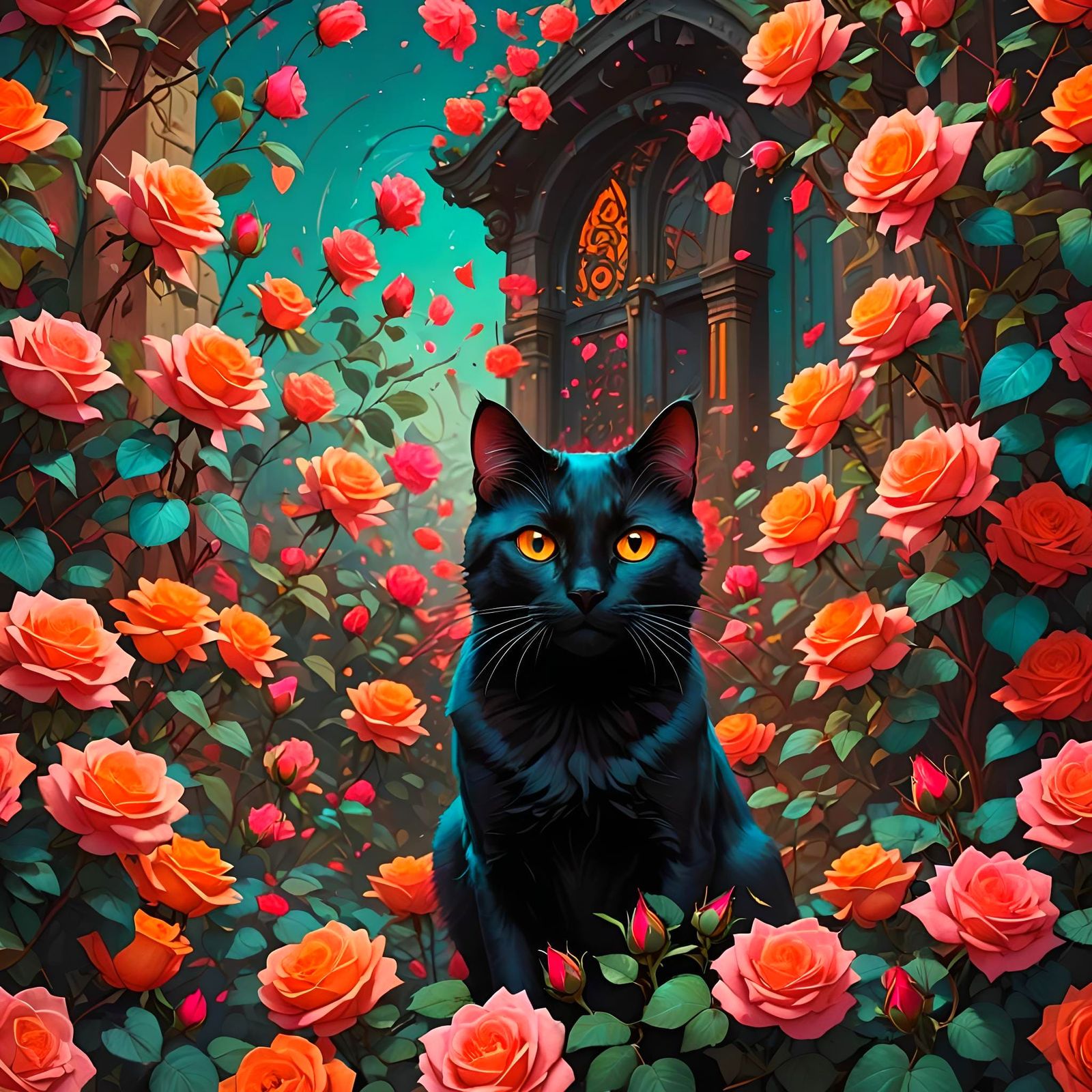 Black Cat in Rose Garden: Hyperdetailed Concept Art