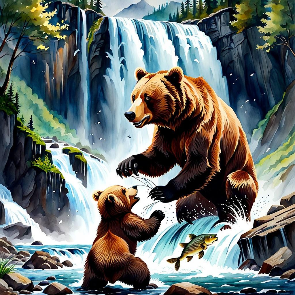 Brown Bears Fishing by Waterfall: Watercolor Masterpiece
