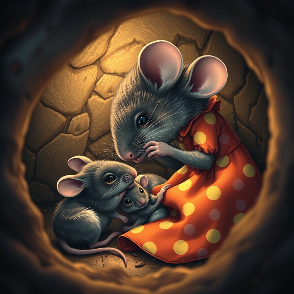 Mother Mouse Feeding Cubs: Hyperrealistic Cozy Scene