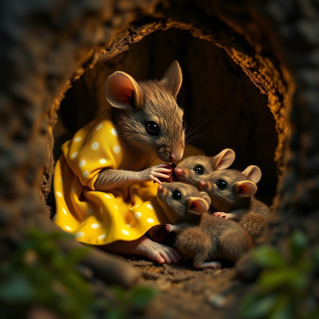 Mother Mouse and Cubs in Cozy Home