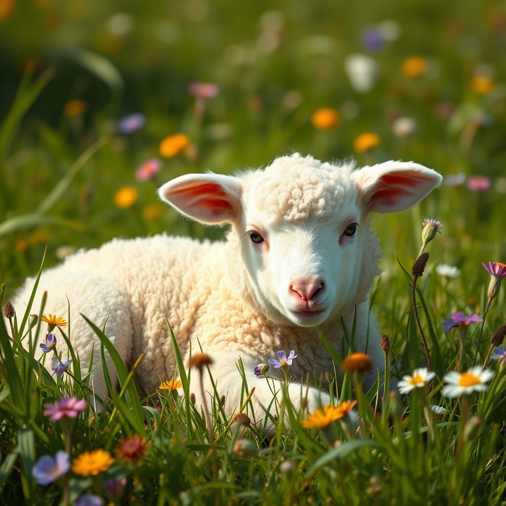 Serenely Lying Lamb in a Vibrant Pre-Raphaelite Meadow