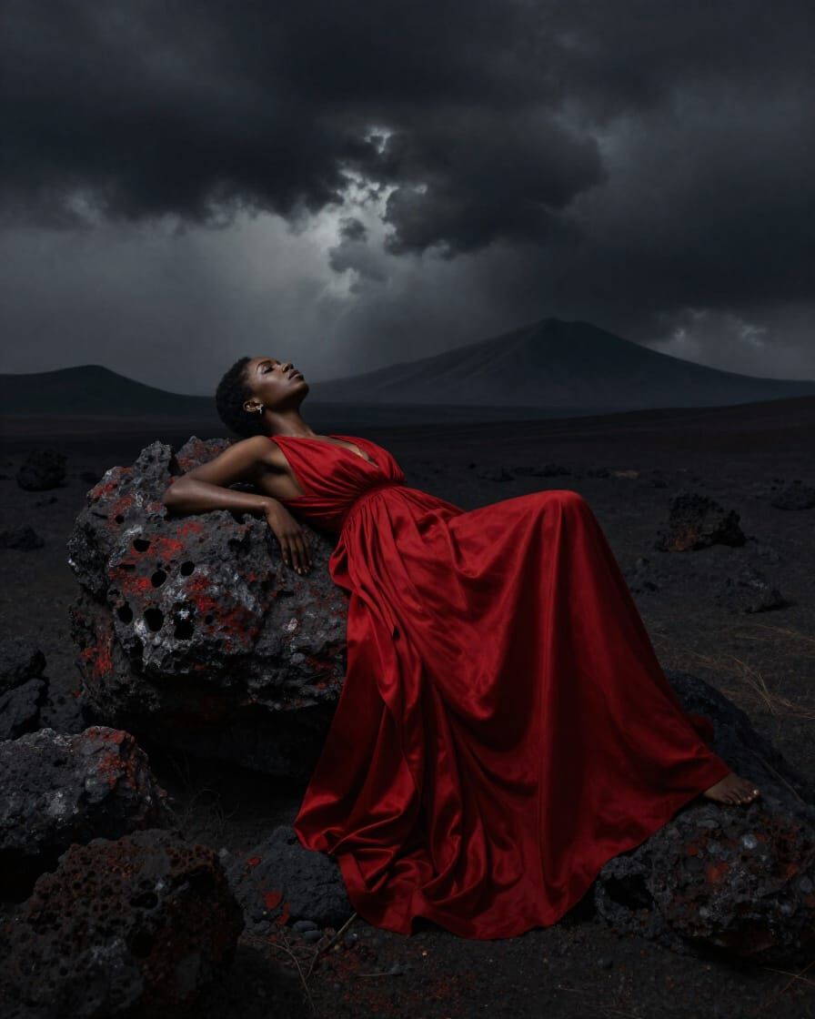 Woman in Red Gown on Volcanic Rock, Apocalyptic Atmosphere
