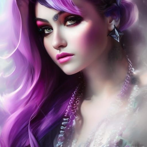 Steampunk Punk Girl with Purple Hair in Cityscape