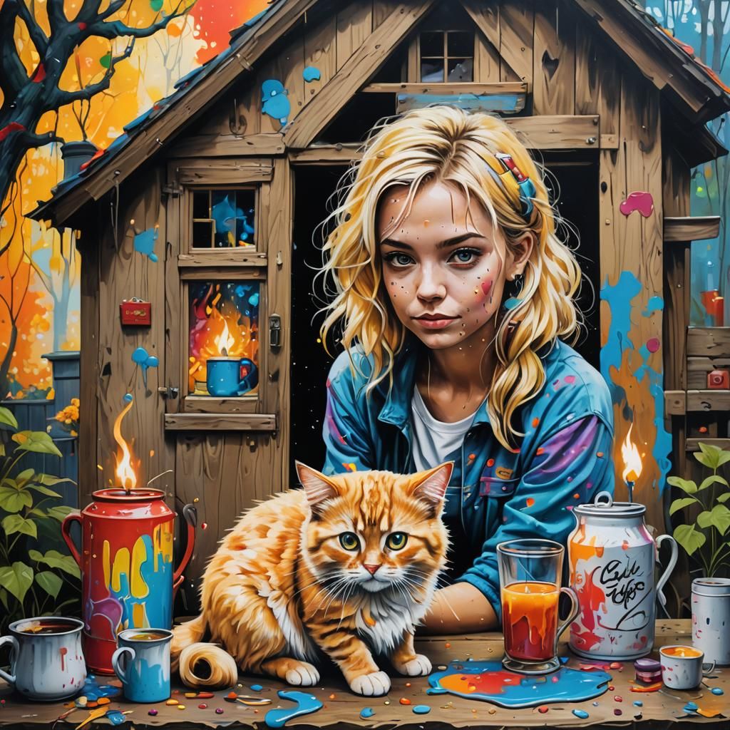 Blonde Enchantress in Cottage, Graffiti Art Style
