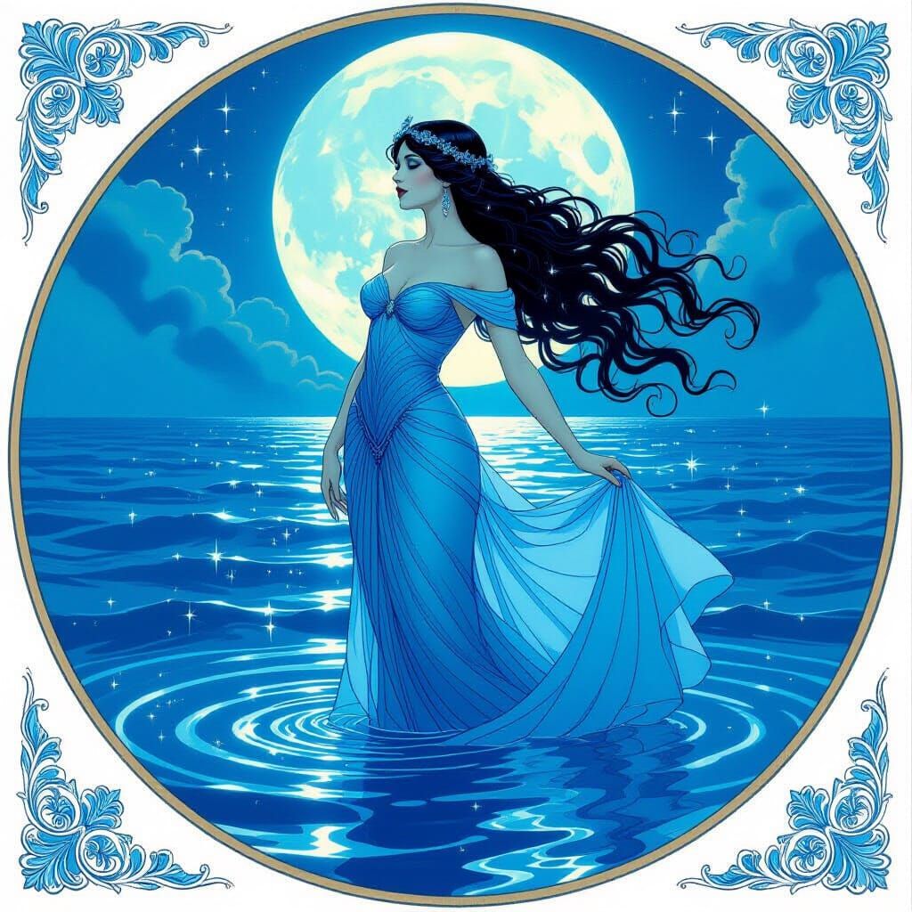 Sea Nymph Emerges From Moonlit Ocean in Fantasy Art Style