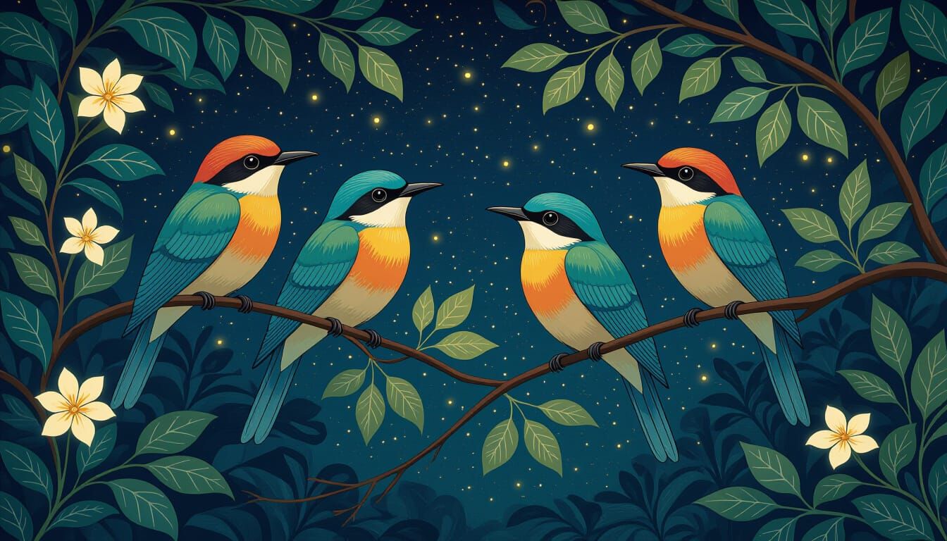 Exotic Birds in Night Canopy, Alphonse Mucha Style