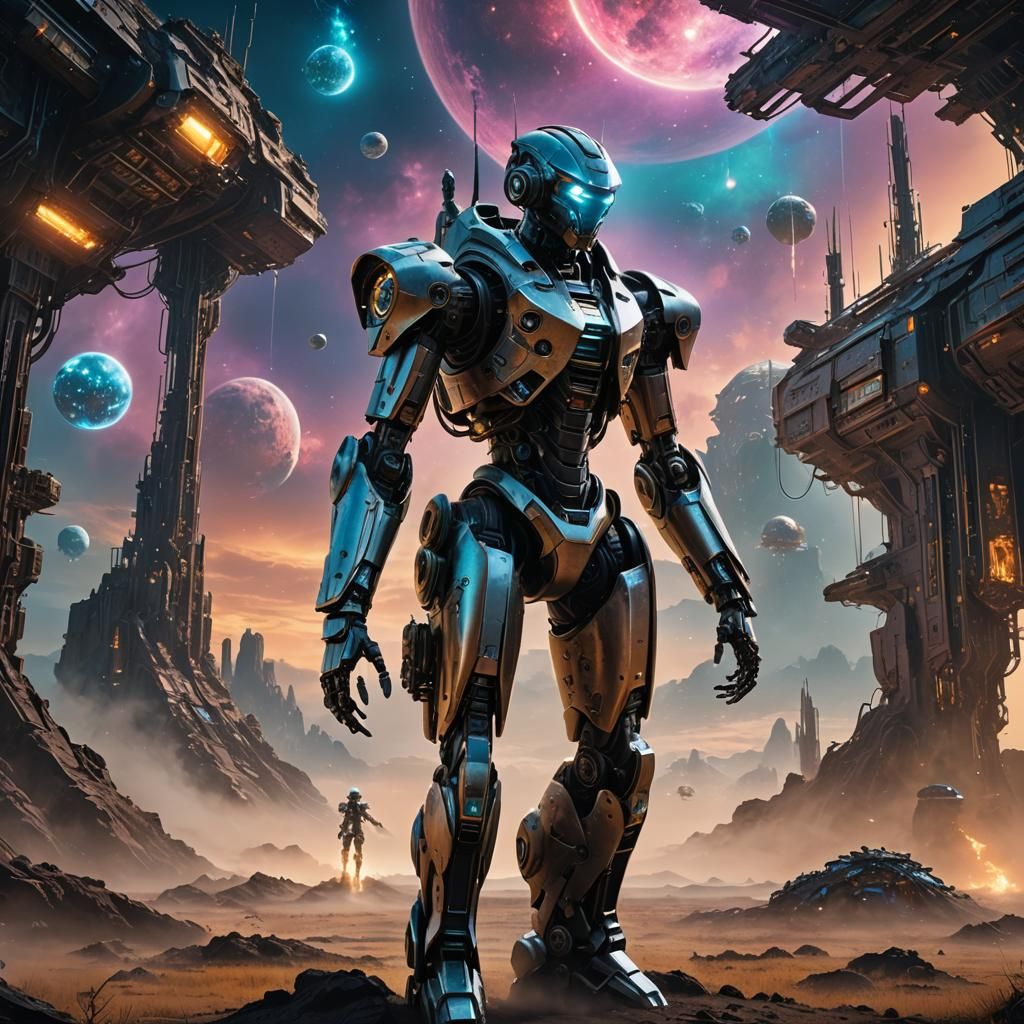 Robot Exploring Dreamscape in Digital Art Style