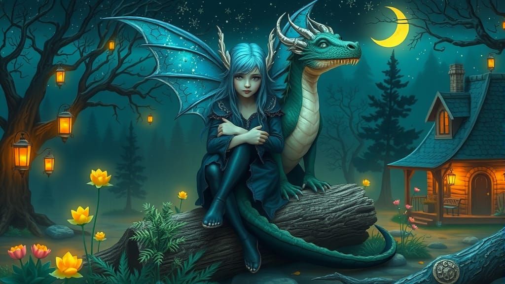 Enchanted Fairy and Dragon in Moonlit Forest