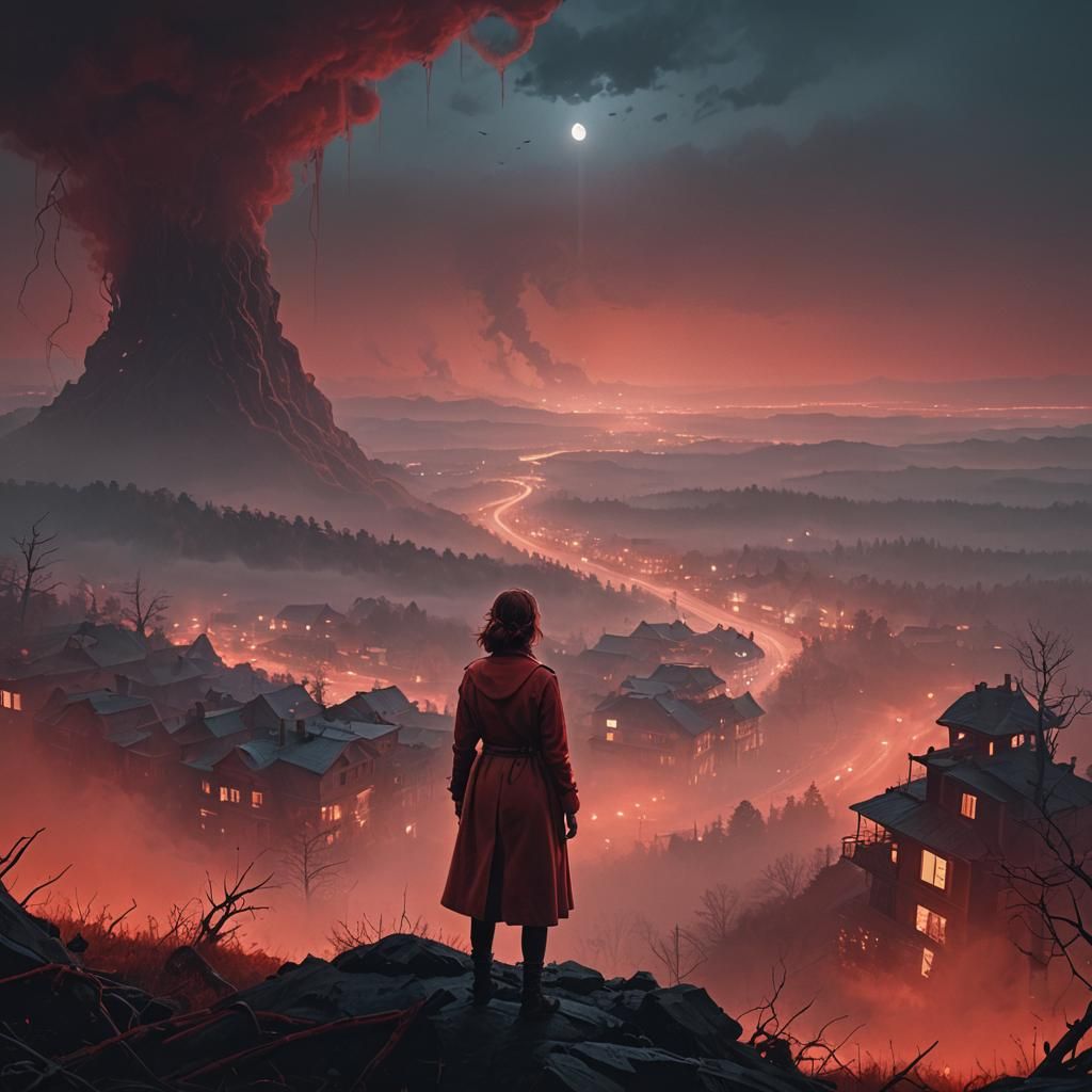 Cinematic fantasy art. red fog in the background, high angle...