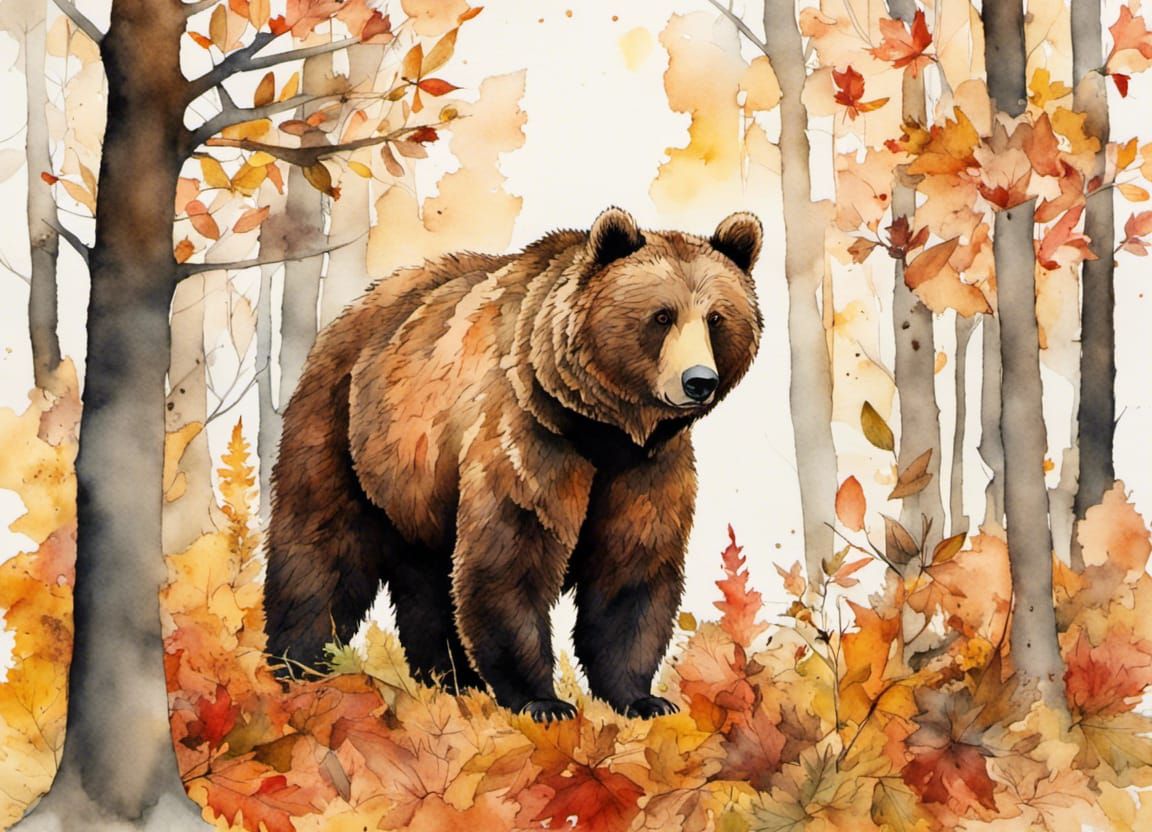 Fluffy Brown Bear in Autumn Forest Watercolor