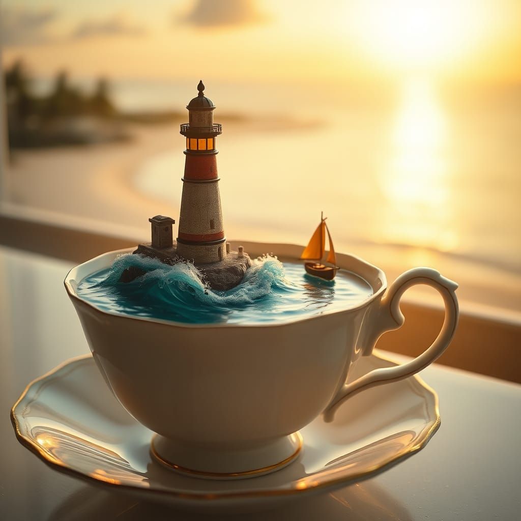 Delicate Teacup Ocean Scene with Lighthouse and Sailboat
