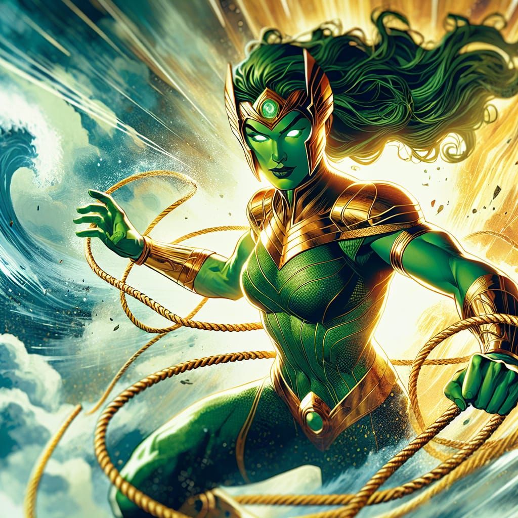 Powerful Green Superheroine with Golden Lasso