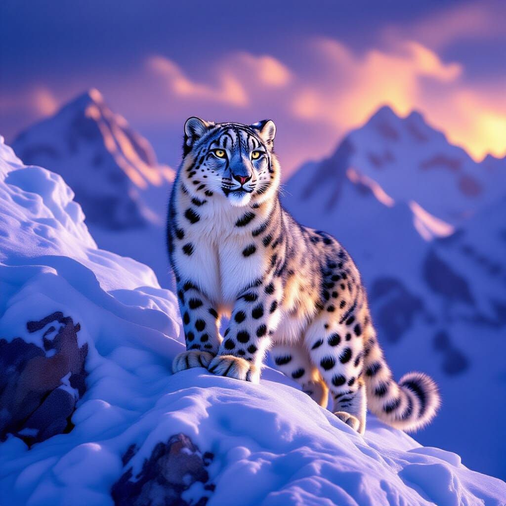 Majestic Snow Leopard on Icy Ridge in Cinematic Style