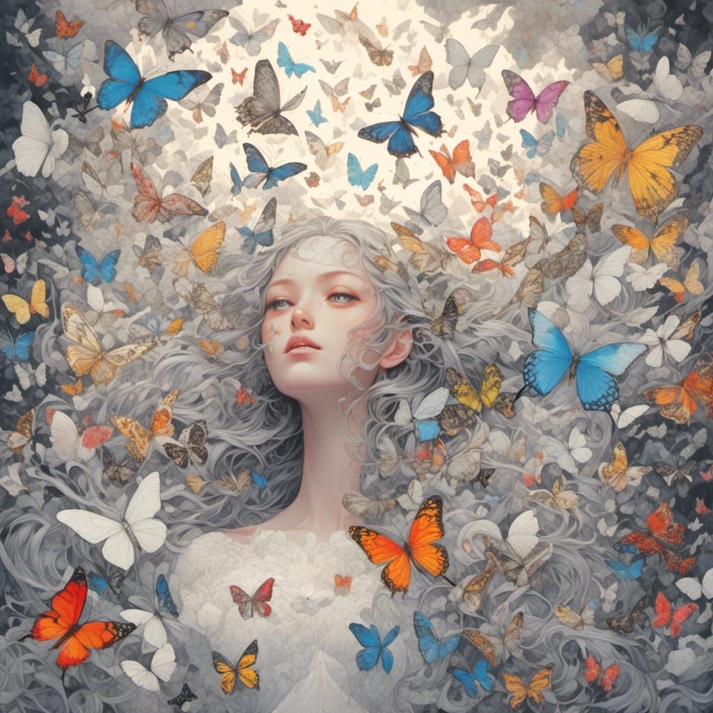 Monochrome Sky Scene with Rainbow Butterfly