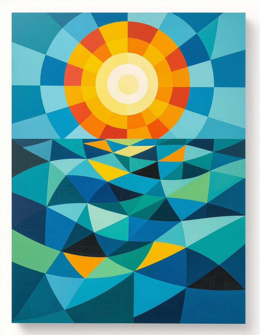 Cubist Ocean Waves and Sun Relief Oil Painting